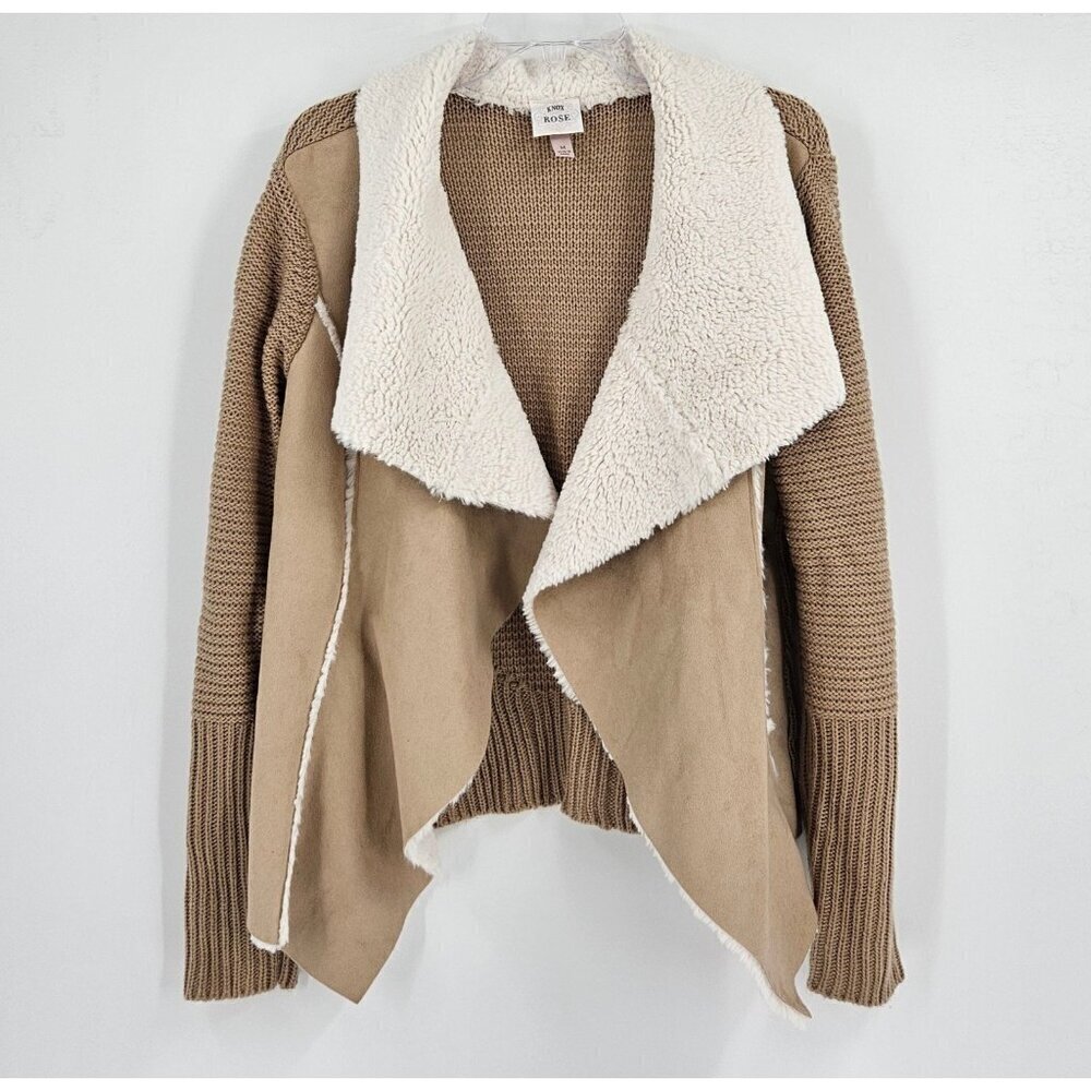 Knox Rose Womens M Open Front Faux Suede Shearling Tan Cardigan Sweater Jacket